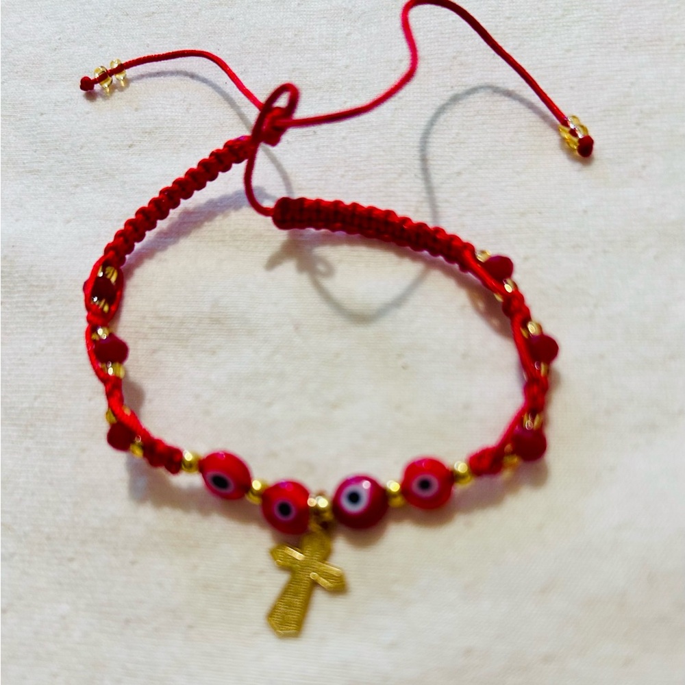 Red Beaded Bracelet with Gold Cross Charm